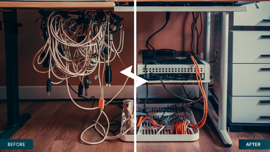 A side-by-side comparison of cluttered versus organized cable management under a wooden desk, emphasizing the best desk placement with tidy cables.