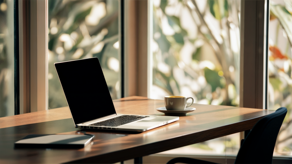 A serene workspace with the best desk placement by a large window, featuring a laptop, coffee, and notebook on a wooden desk with lush greenery outside.