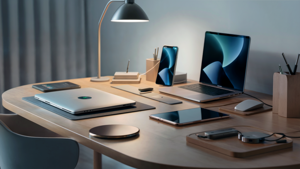 A modern workspace with the best desk placement, featuring a sleek laptop, tablet, contemporary lamp, and organized accessories on a wooden desk.