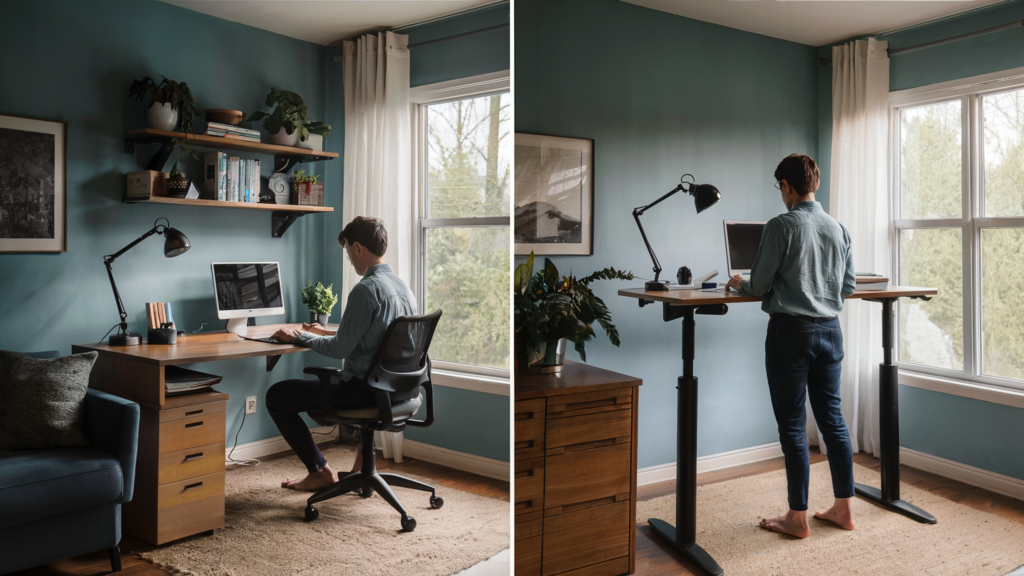 Two views of a home office with the best desk placement, showing a person sitting and standing at a wooden desk next to a window with natural light.