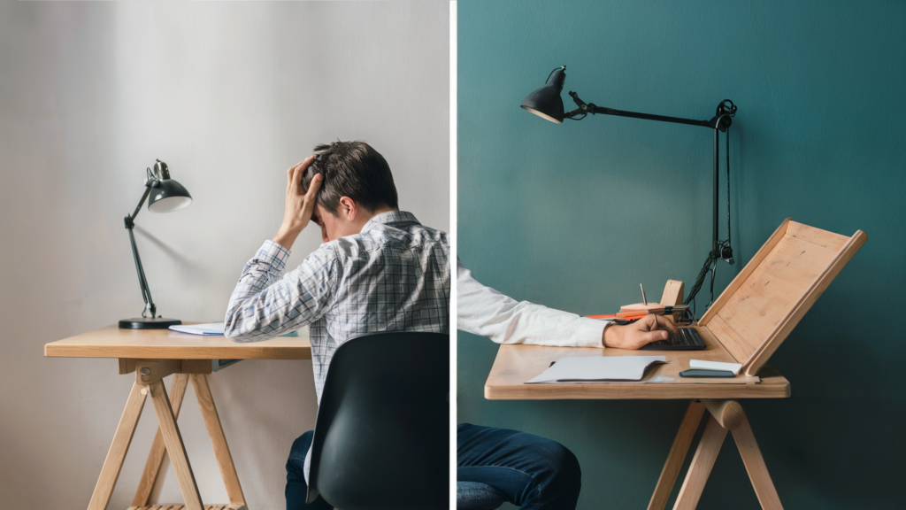 A split view showing the best desk placement from different angles, with a person typing on a laptop at a wooden desk against a teal wall.