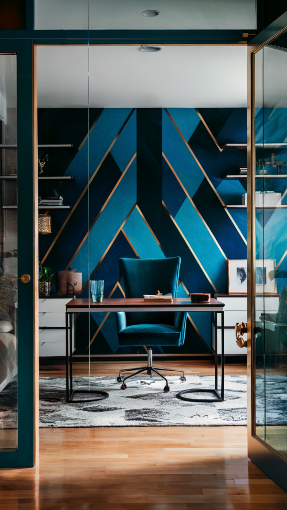 An elegant office with a striking blue geometric-patterned accent wall, a modern desk, plush teal chair, and floating shelves illuminated by natural light from a glass door.