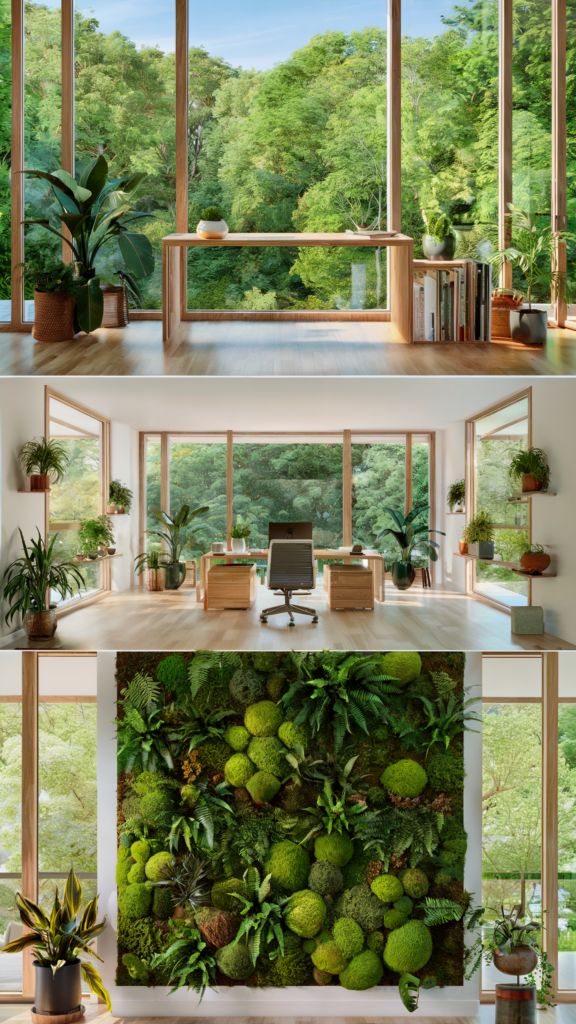 A spacious room with floor-to-ceiling windows offering a view of lush greenery, adorned with various indoor plants and a green vertical garden for a serene, eco-friendly ambiance.