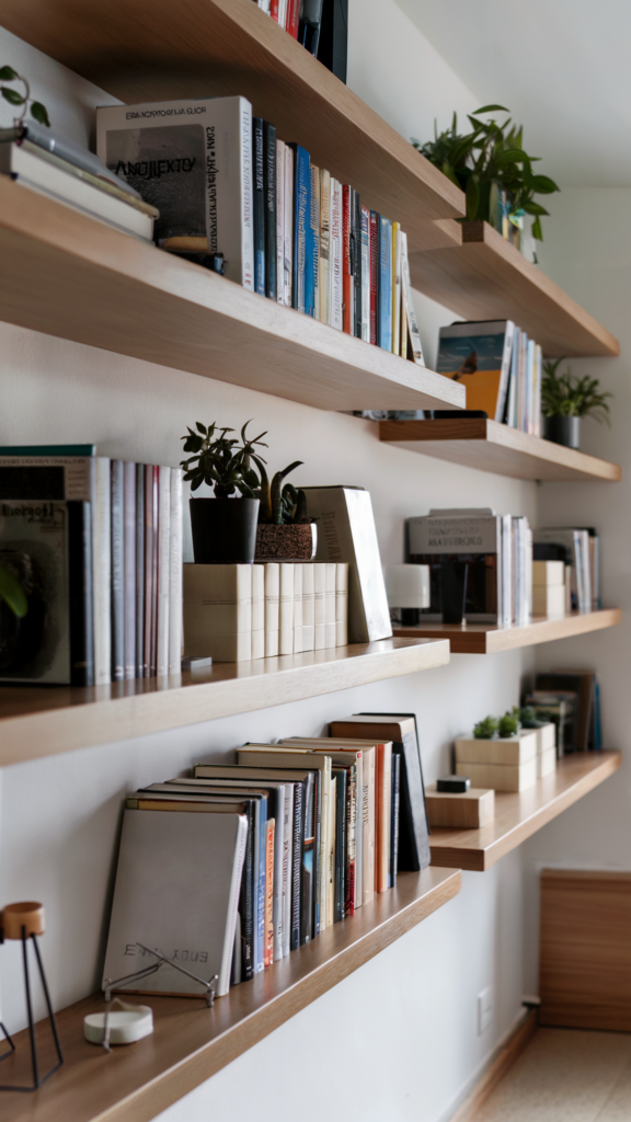 A neatly organized floating shelf system with books, potted plants, and decorative items against a white wall, creating a light, airy feel.