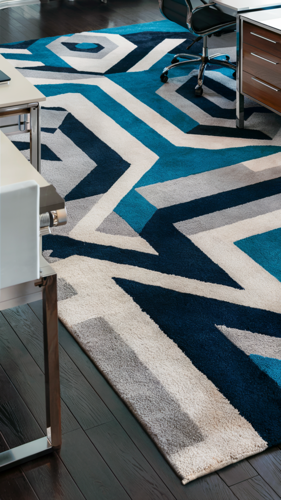 A contemporary office with a vibrant geometric-patterned rug in shades of blue, white, and gray, paired with a modern white desk, laptop, and a black leather chair.