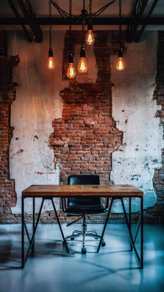 An interior space with a rustic, industrial design featuring a wooden desk, sleek black chair, raw brick wall, pendant lights with exposed filaments, and exposed beams.