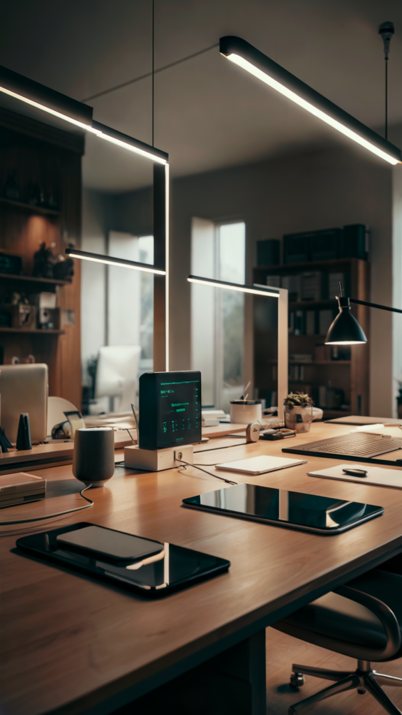 A modern, well-lit office featuring a sleek wooden desk with wireless charging pads, a digital clock, and a smart speaker, highlighting a clutter-free, connected workspace.