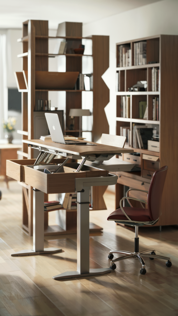 A modern home office with a wooden desk, red leather chair, and a tall wooden shelf filled with books and decorative items, creating a serene, well-organized ambiance.