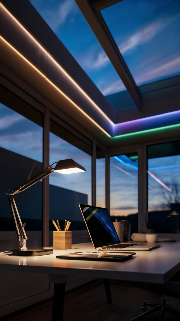 A modern office or study room featuring a sleek desk with a laptop, unique desk lamp, and ambient LED strip lights embedded in the ceiling, creating a serene twilight ambiance.