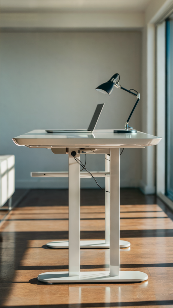 A modern, minimalist workspace with a white adjustable desk, a sleek laptop, and a black desk lamp positioned near a large window allowing natural light to flood the serene room.