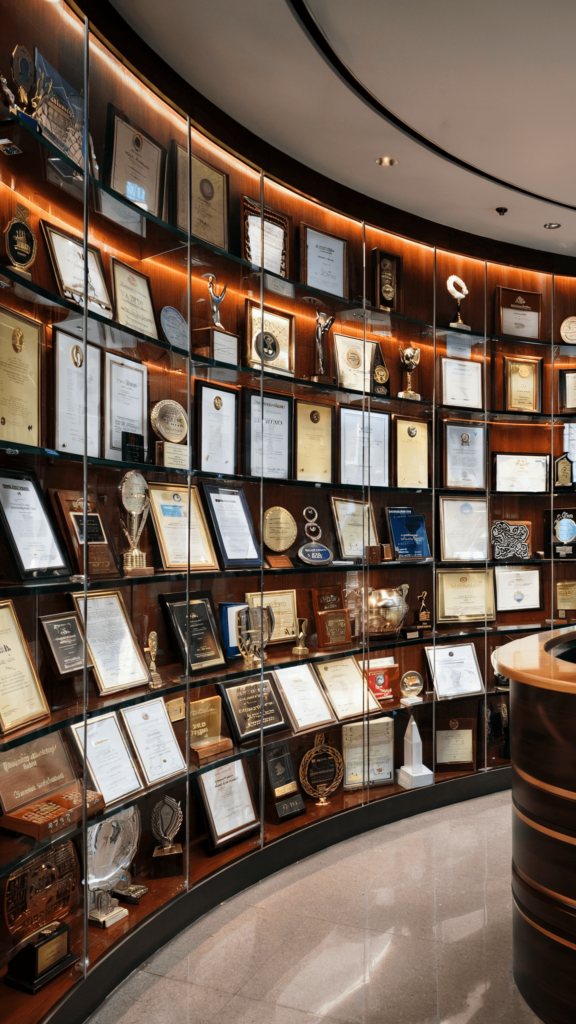 A polished wooden display cabinet filled with illuminated awards, plaques, and certificates, suggesting a prestigious and modern office setting.