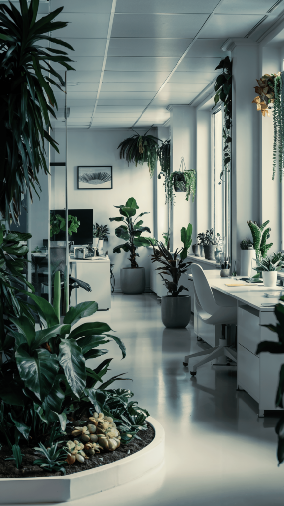 A minimalist office space with indoor plants, a sleek white desk, and large windows allowing ample natural light to enhance the modern design.