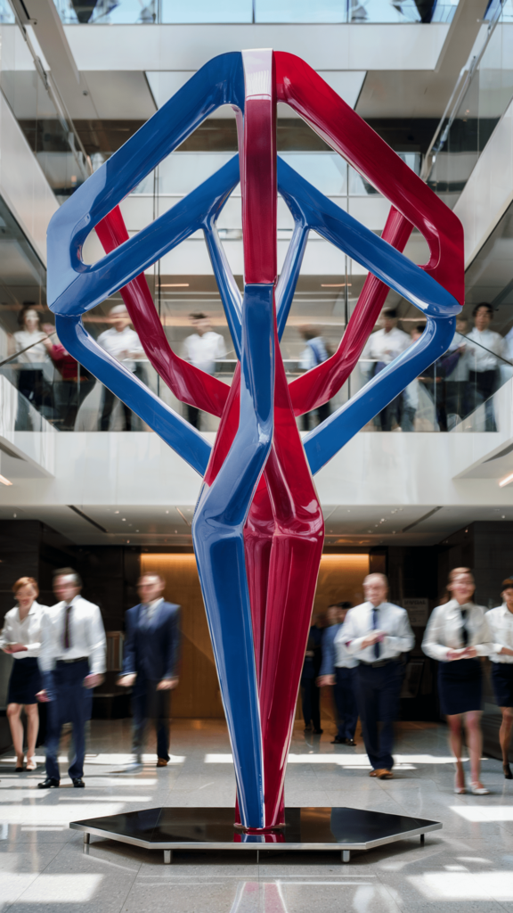 A modern office atrium featuring a large, colorful geometric sculpture with people walking in a professional environment.