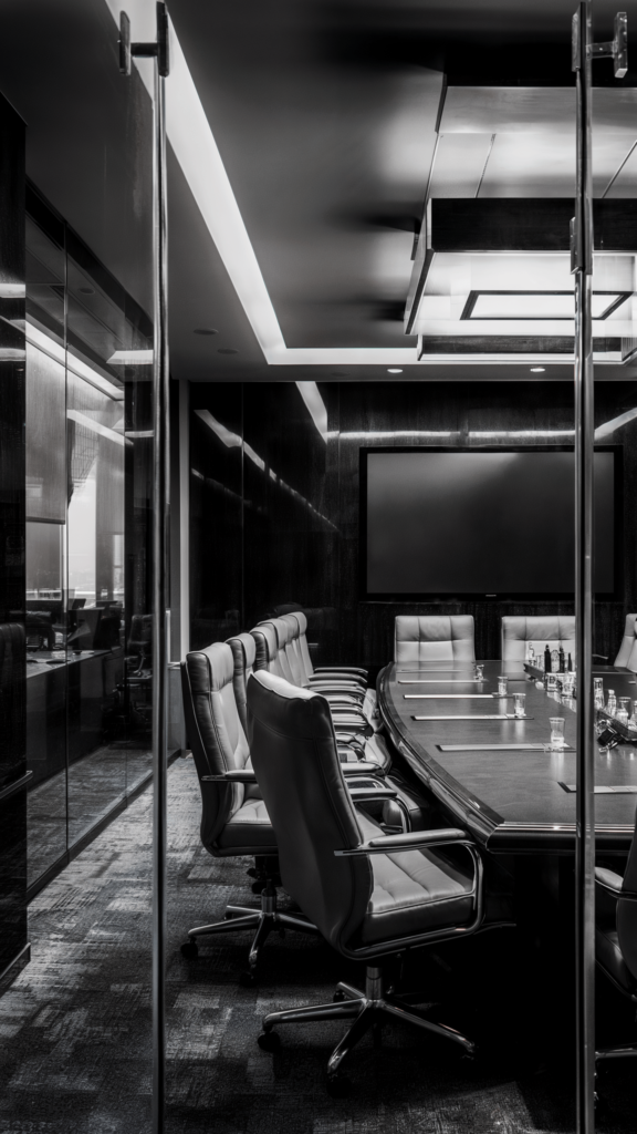 A sleek conference room with a polished wooden table, plush gray chairs, and large glass panels, creating a modern and professional ambiance.