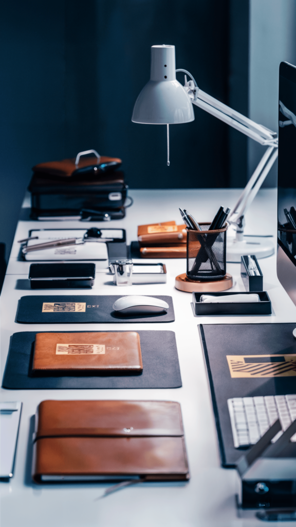 A moody, professional workspace with a well-organized desk featuring various office supplies and a desk lamp against a dark wall.