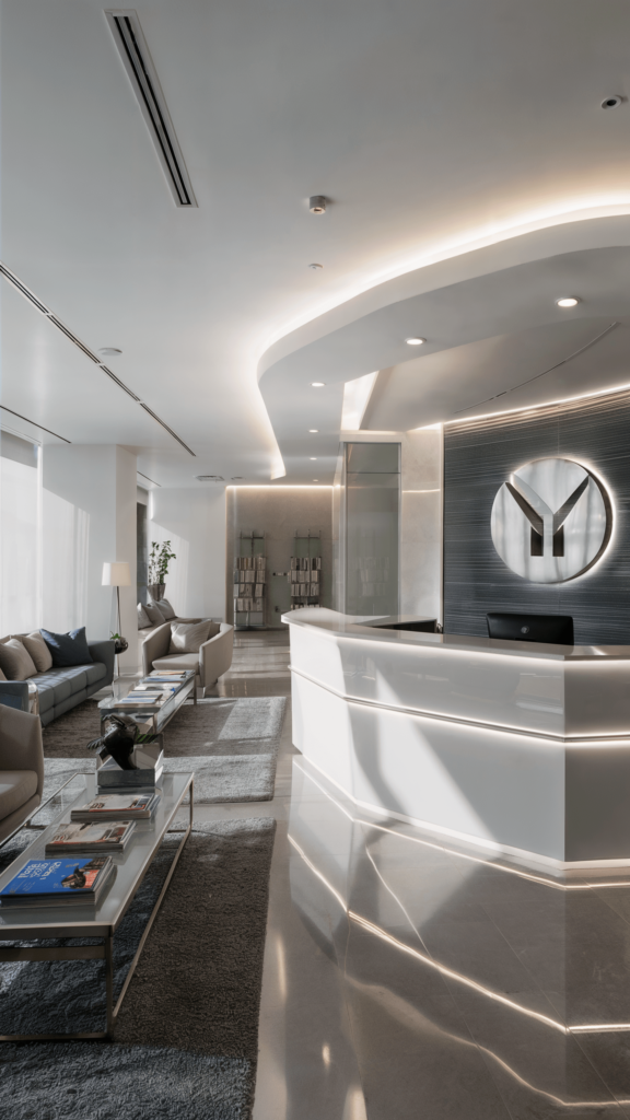 A spacious office or lounge area with a white reception desk, plush seating, and a bookshelf, illuminated by natural and ambient lighting.