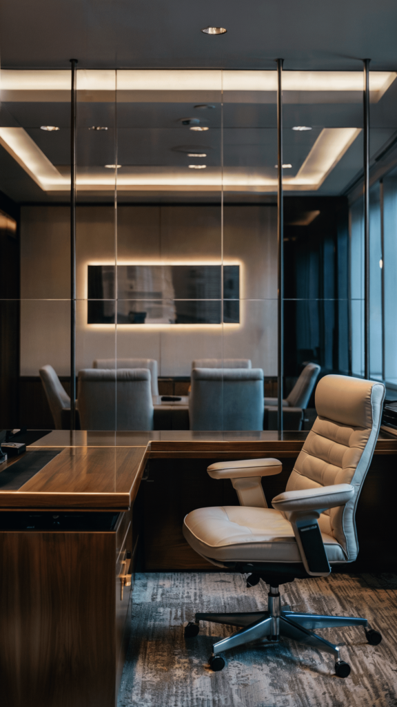 A modern office with a large wooden desk, glass partition, and a glimpse of a conference room, all illuminated by recessed lighting.