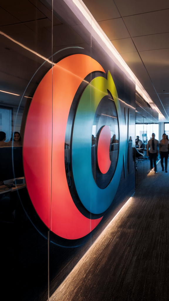 An office lobby featuring a vibrant, intertwined circular logo against a dark background, with a pathway visible in the distance.