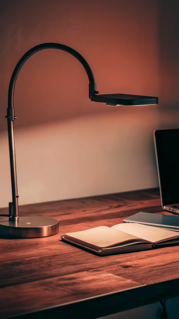 A sleek desk setup with a metallic desk lamp casting a warm glow over an open notebook and closed laptop, emphasizing the minimalistic design.