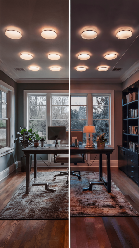 A well-lit home office with natural light streaming through large windows, illuminating a desk with a computer and decorative items, along with a bookshelf.