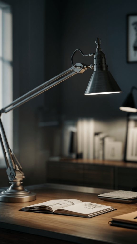 A dimly lit workspace with a sleek desk lamp illuminating an open book with sketches, creating a focused and serene atmosphere.