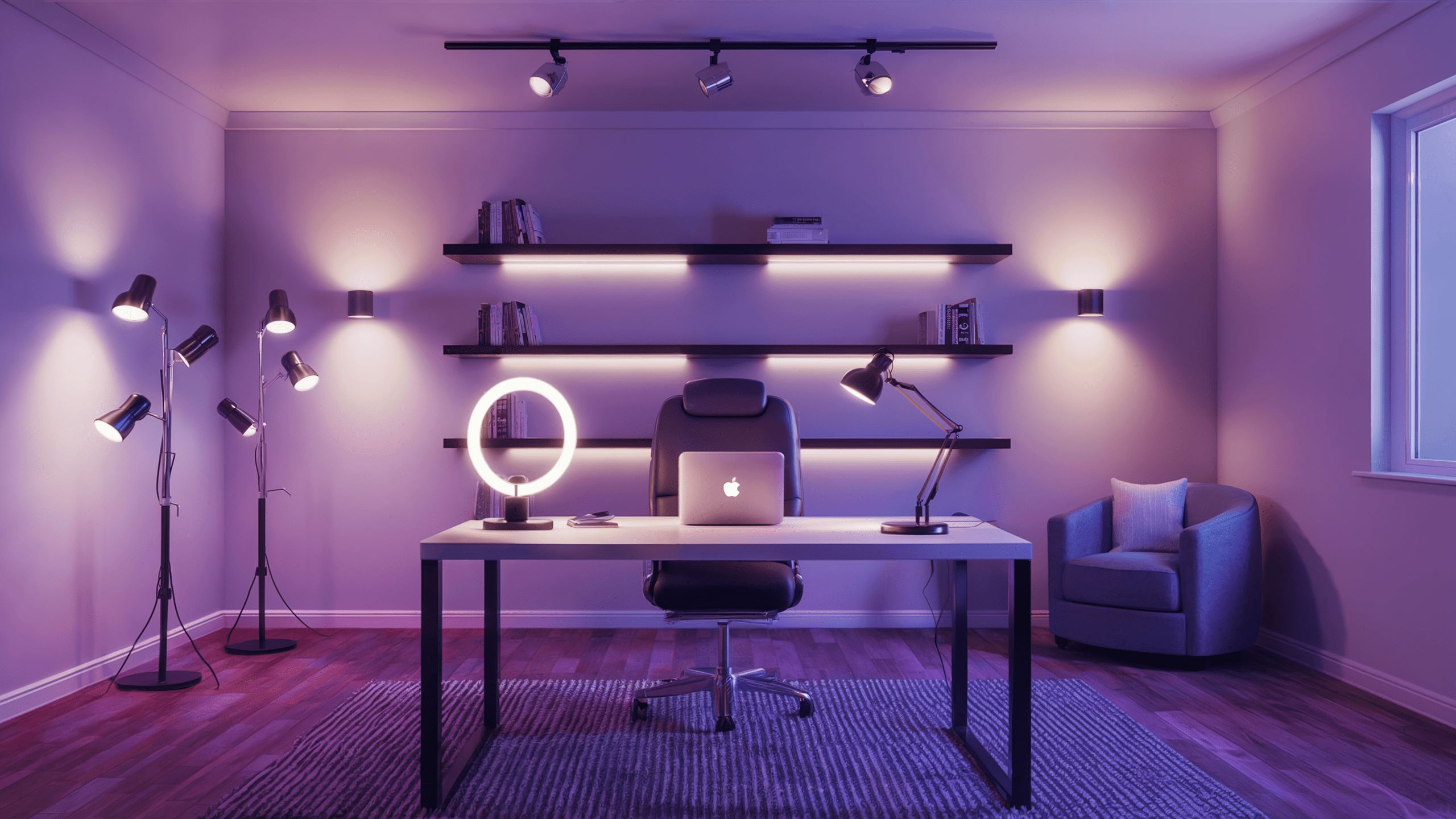 A modern home office with a sleek white desk illuminated by soft purple lighting from multiple sources, including a floor lamp, desk lamp, and wall-mounted lights.