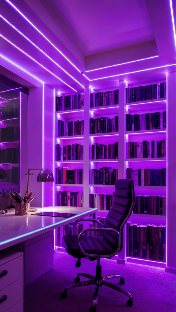 A vibrant purple-lit office with a long desk, plush chair, and neon-like lighting that enhances the modern and library-like feel of the space.