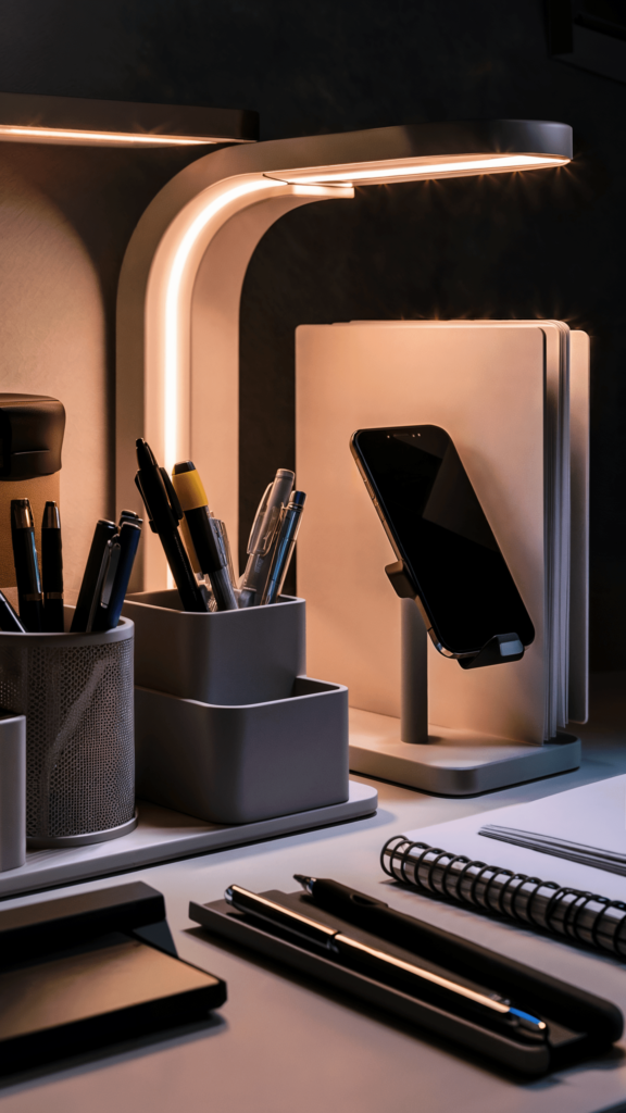 A dimly lit desk setup with a sleek lamp illuminating writing instruments, a spiral-bound notebook, and a smartphone mounted on a stand.