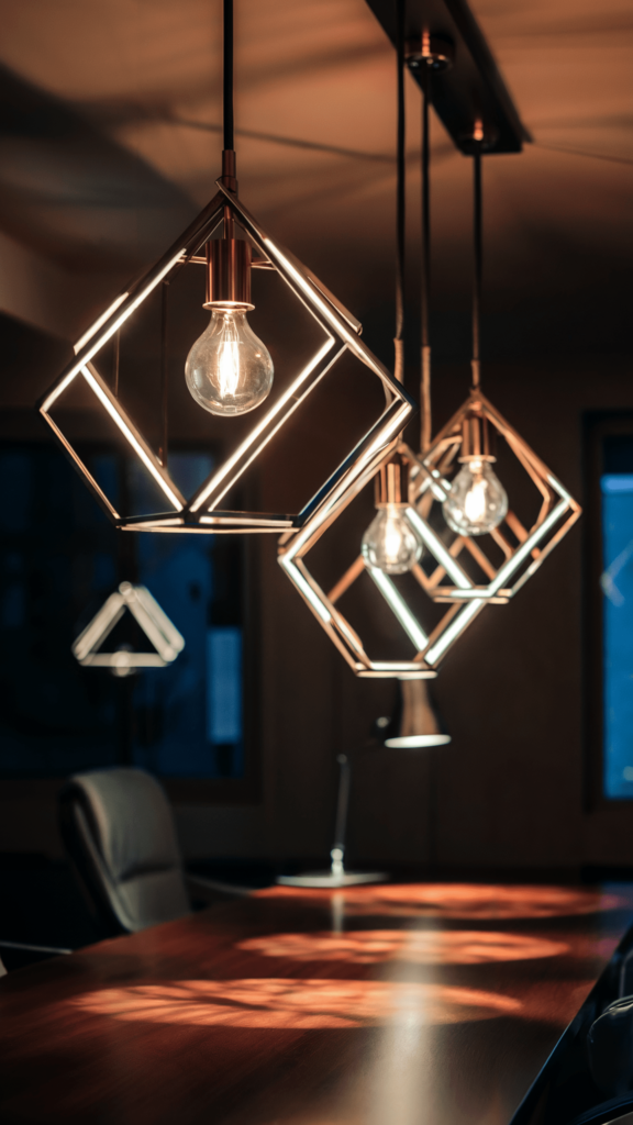 A dimly lit room with geometric pendant lights creating intricate patterns on the floor, adding a modern touch to the wooden table and chair.