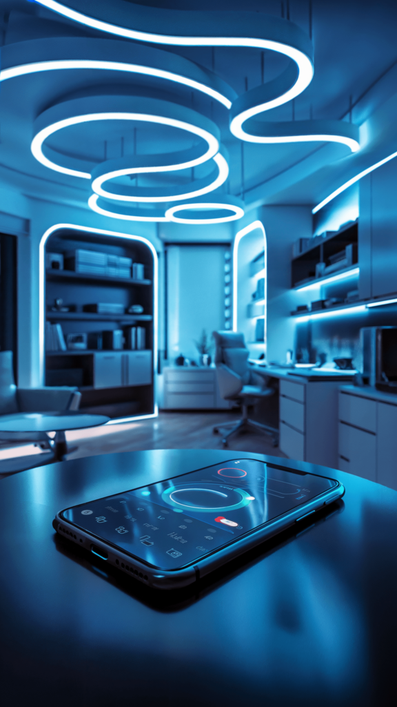 A futuristic room with intricate ceiling lights casting a soft blue glow, highlighting a modern desk and vibrant smartphone interface.