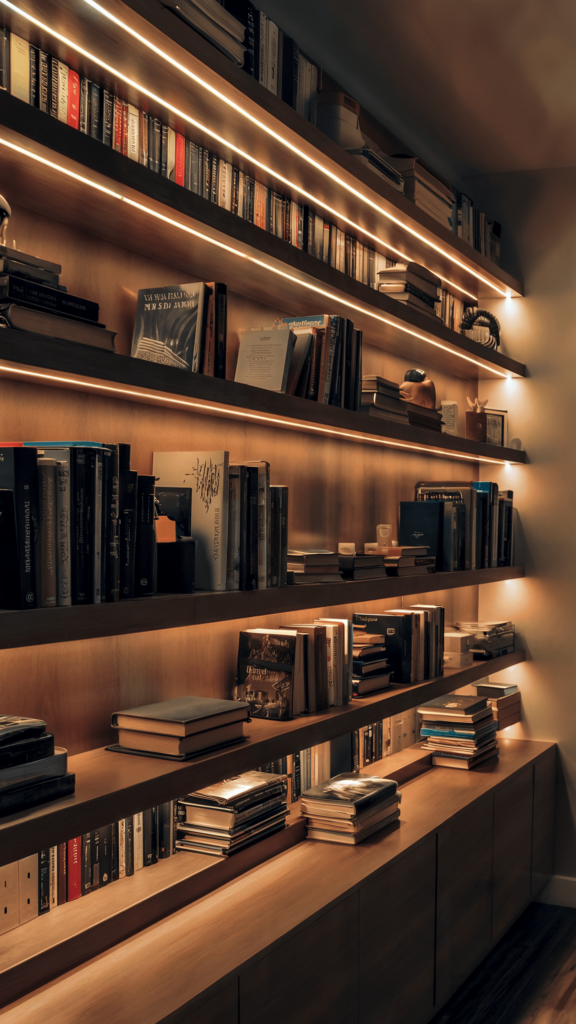 A warm, well-lit wooden bookshelf filled with books and decorative items, creating a cozy and inviting reading environment.