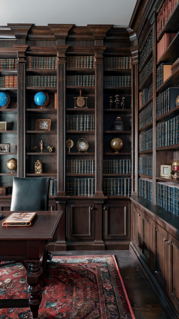 A traditional home office with dark wooden bookshelves filled with books and decorative items, a large wooden desk, a leather chair, and a richly patterned rug, exuding classic elegance.