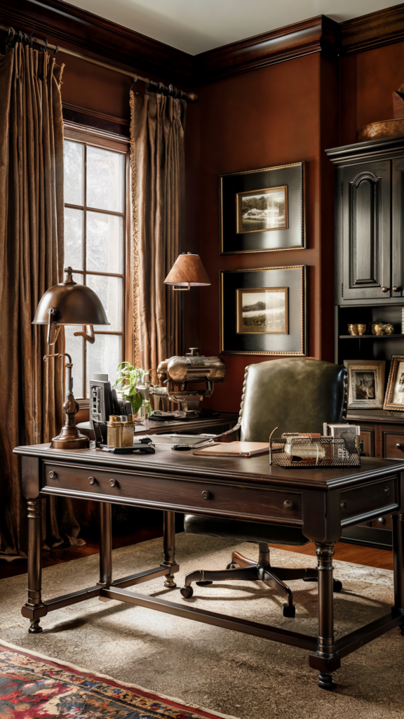 A traditional home office with warm earthy tones, a large wooden desk with intricate carvings, framed black and white photographs, golden curtains, a vintage-style desk lamp, and a patterned rug.