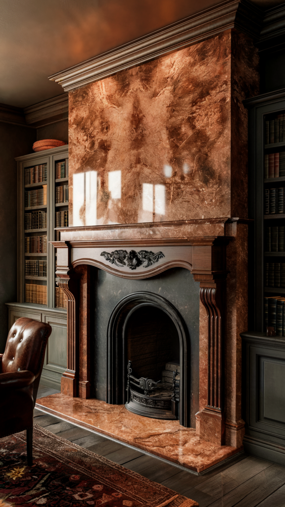 A traditional home office with a dominant marble fireplace, a leather armchair, wooden bookshelves, and a vibrant rug, creating a warm and inviting atmosphere.