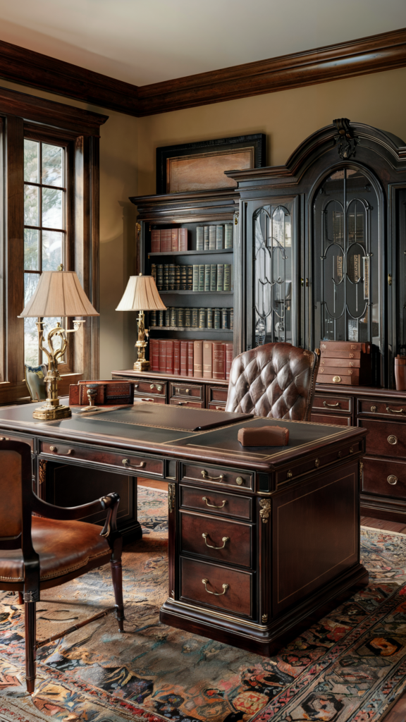 A traditional home office with a large wooden desk, a leather chair, wooden bookshelves filled with books, two table lamps, a large window, and a vibrant rug.