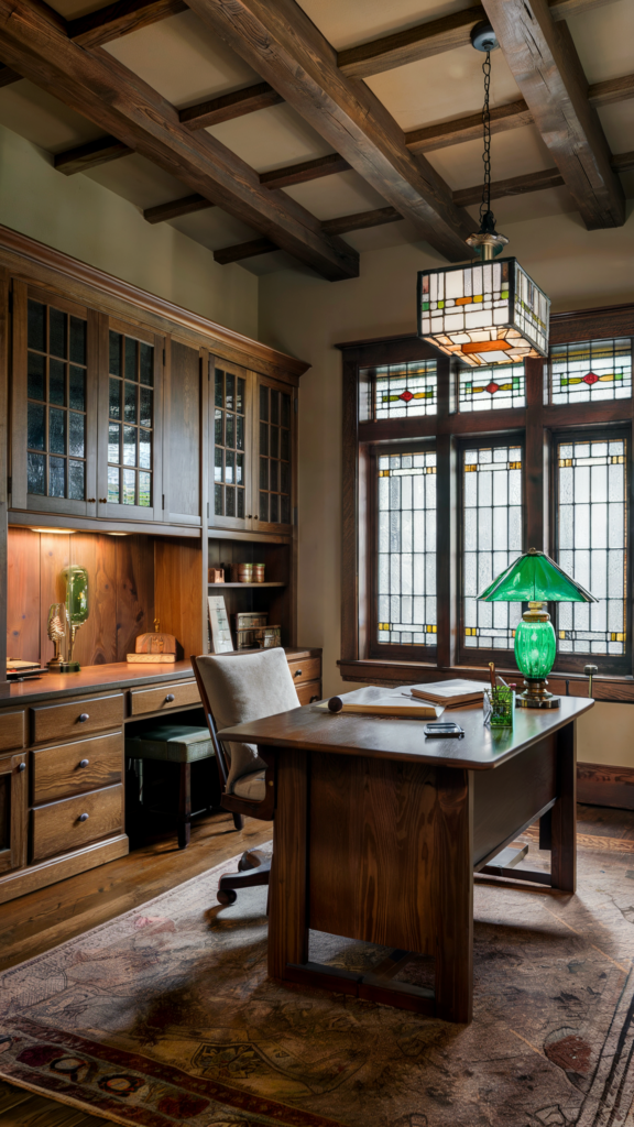 A traditional home office with wooden beams, a wooden desk, built-in cabinets, a stained-glass window and pendant light, a plush chair, and a detailed rug.