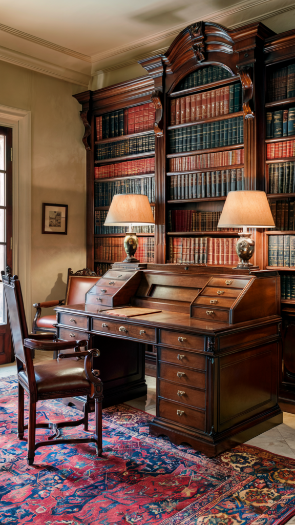 A traditional home office with a large wooden desk, ornate lamps, grand wooden bookshelves filled with leather-bound books, a leather chair, and a vibrant rug.