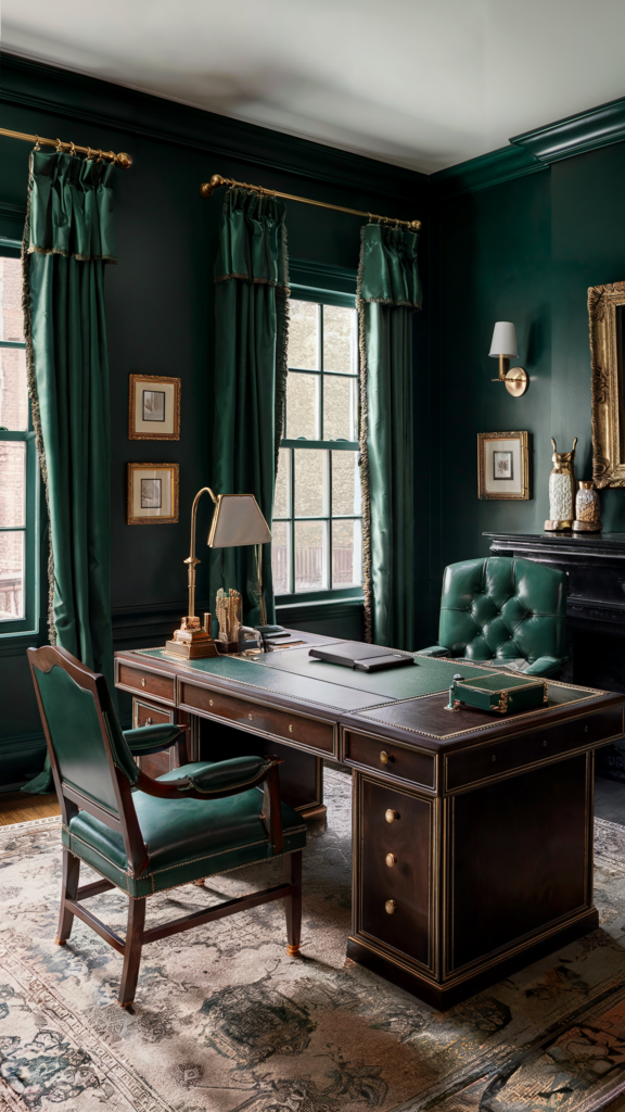 A traditional home office with deep green walls, wooden bookshelves, a large wooden desk, a leather chair, golden pendant lights, a wooden door, and a patterned carpet.