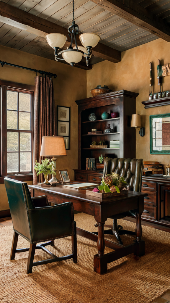 A traditional home office with rustic wooden beams, a classic chandelier, framed artworks, a large wooden desk, and a plush leather chair, illuminated by natural light.