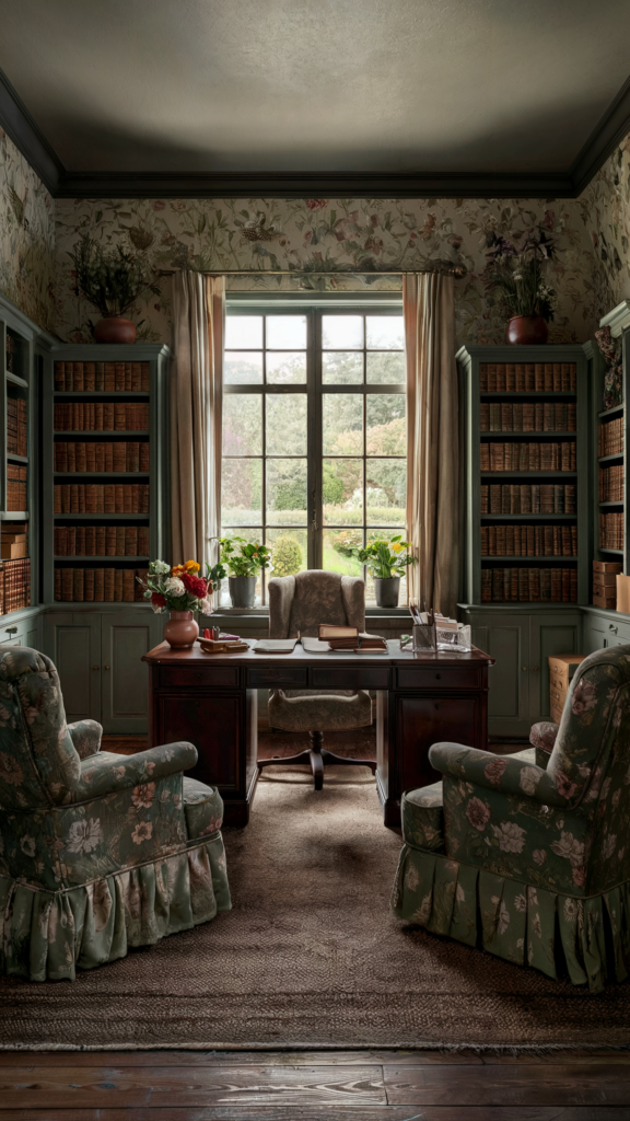 A traditional home office with floral-patterned wallpaper, a wooden desk, chair, armchairs, a vase of flowers, tall wooden bookshelves, and a textured rug.