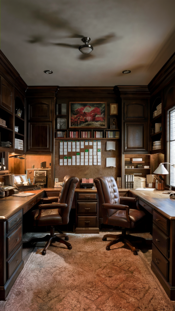 A traditional home office with dark wooden cabinetry, a large wooden desk, plush leather chairs, a large calendar with green sticky notes, framed artwork, and a patterned rug.