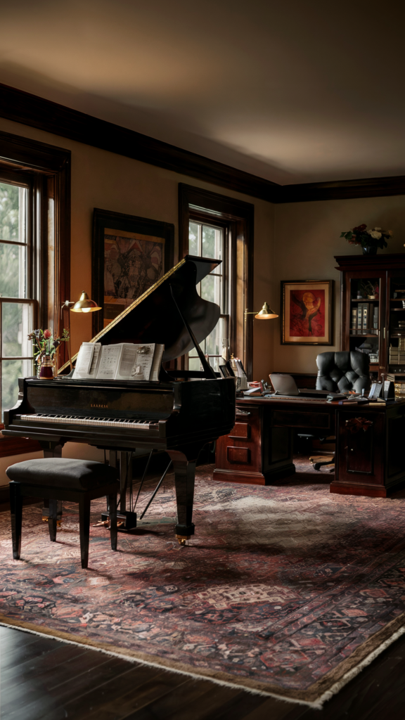 A traditional home office with a grand piano near a window, a wooden desk with a laptop, a lamp, various office supplies, framed artworks, and an intricately patterned rug.