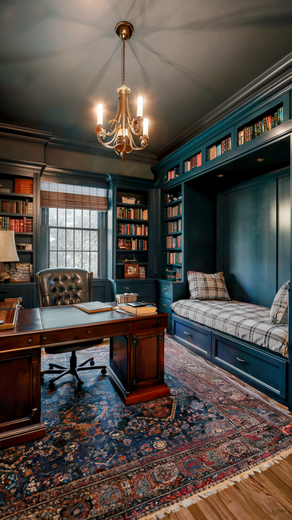 A traditional home office with deep blue walls, built-in bookshelves filled with books, a large wooden desk, a cozy nook, chandelier, and a vibrant patterned rug.