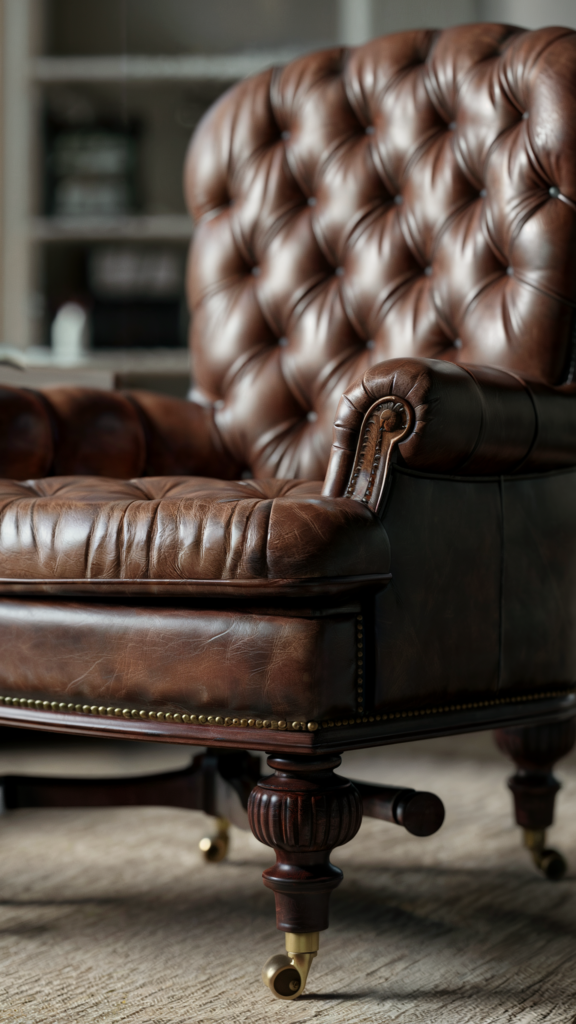 A traditional home office featuring a luxurious leather chair with intricate tufting and detailed woodwork, set against a backdrop of a bookshelf.