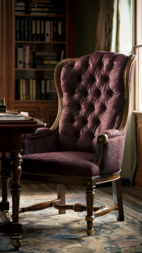 A traditional home office with a deep burgundy tufted armchair, wooden table, bookshelf, floral curtain, and patterned rug, exuding opulence and sophistication.