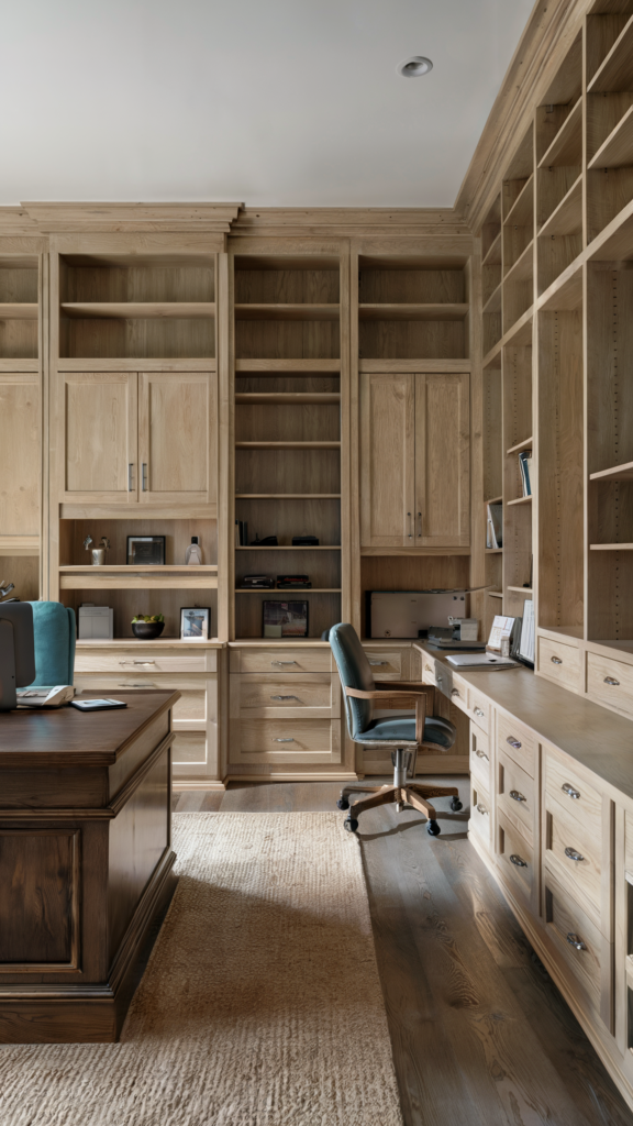 A traditional home office with wooden shelves and cabinets, a large wooden desk with a computer, a teal chair, and a textured beige rug, blending functionality with style.