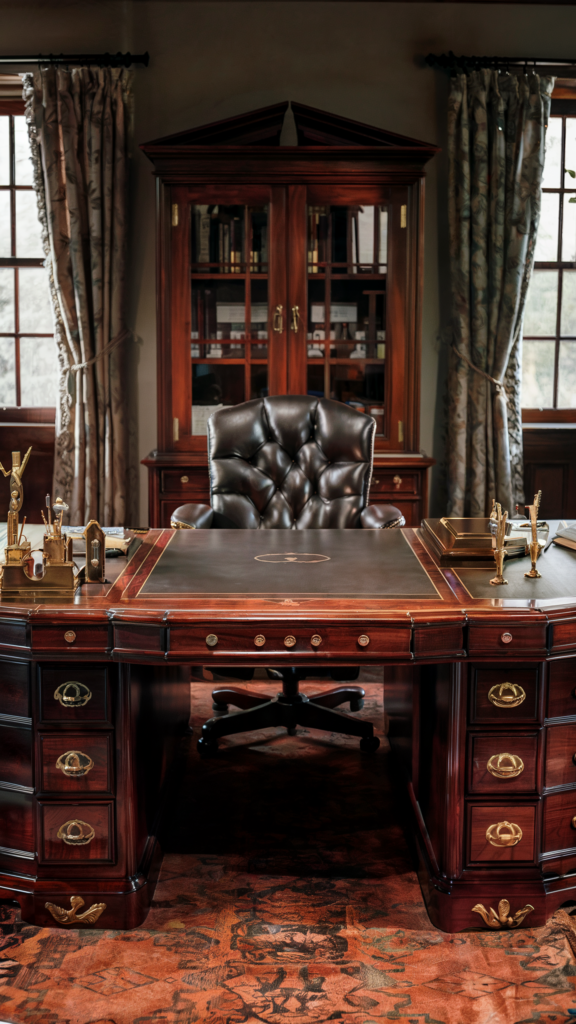 A traditional home office adorned with a large wooden desk, a leather chair, and a bookshelf with glass doors, illuminated by natural light through patterned curtains.